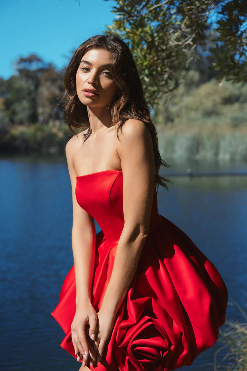 Red Strapless Mini Dress With Rose Ruffle Detail