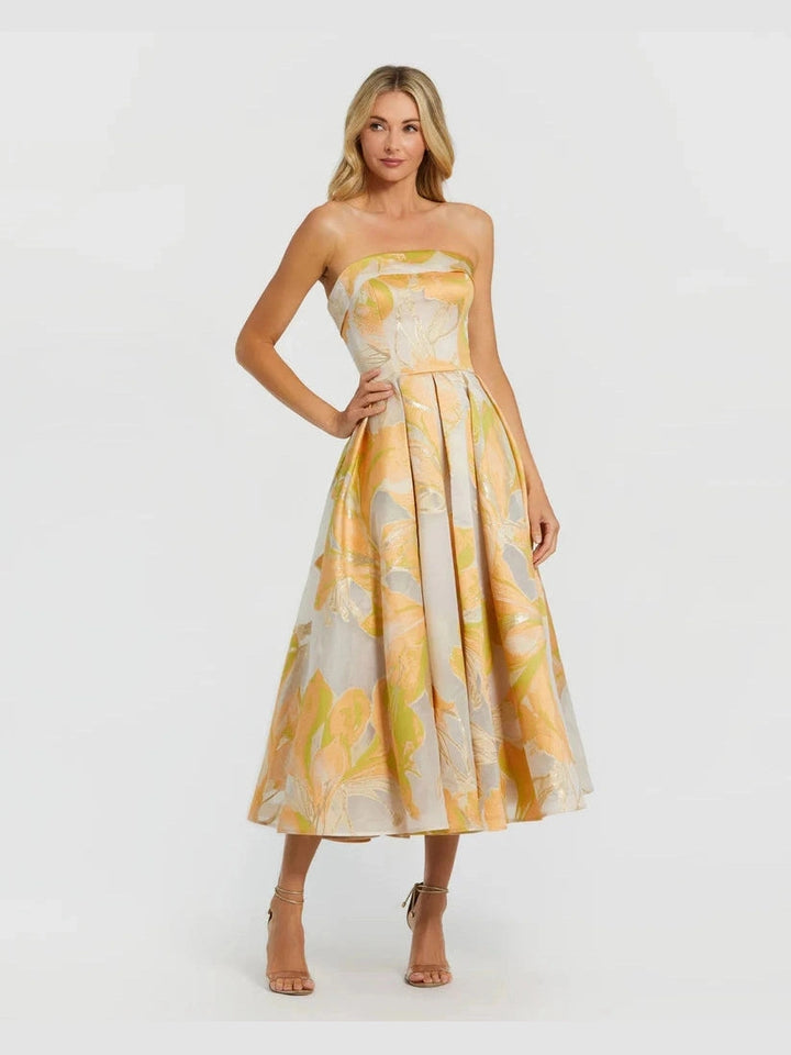 Beige and Orange Strapless Brocade Midi Dress with Pockets