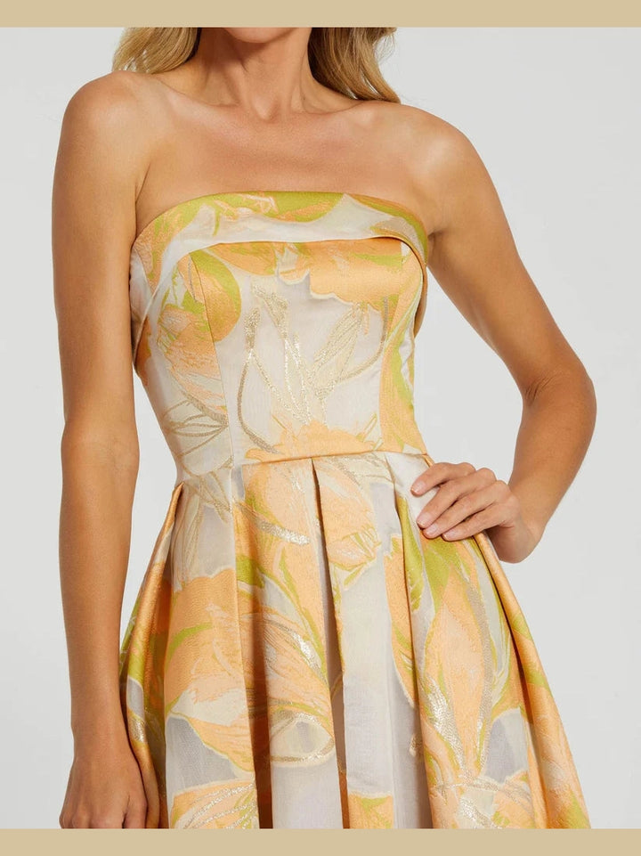 Beige and Orange Strapless Brocade Midi Dress with Pockets