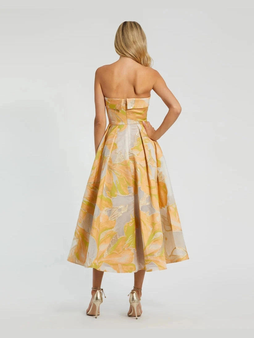 Beige and Orange Strapless Brocade Midi Dress with Pockets