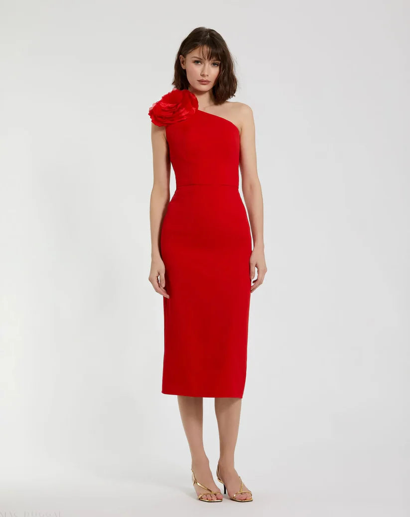 Red Crepe One Shoulder Midi Dress With Flower