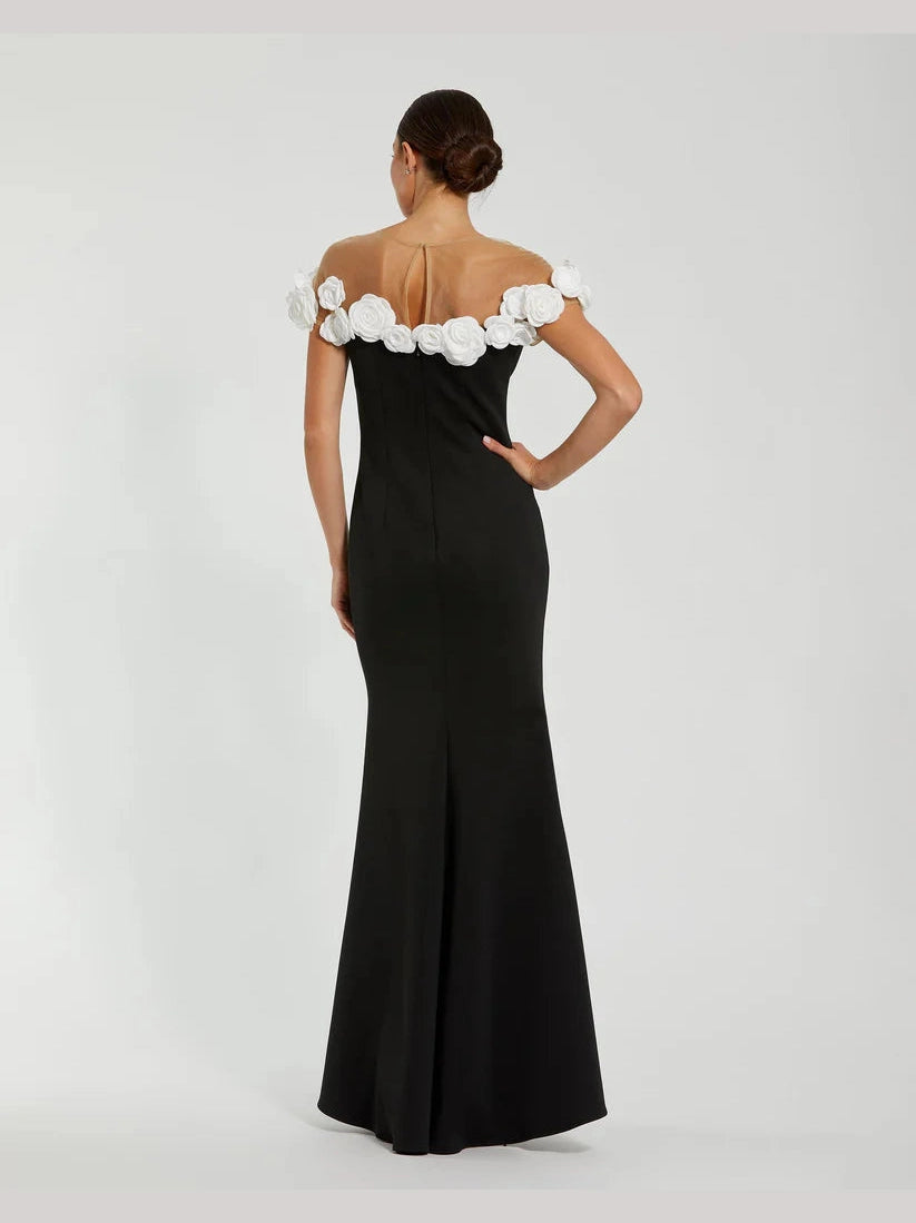 Stretch Crepe Mermaid Gown With 3D Flowers