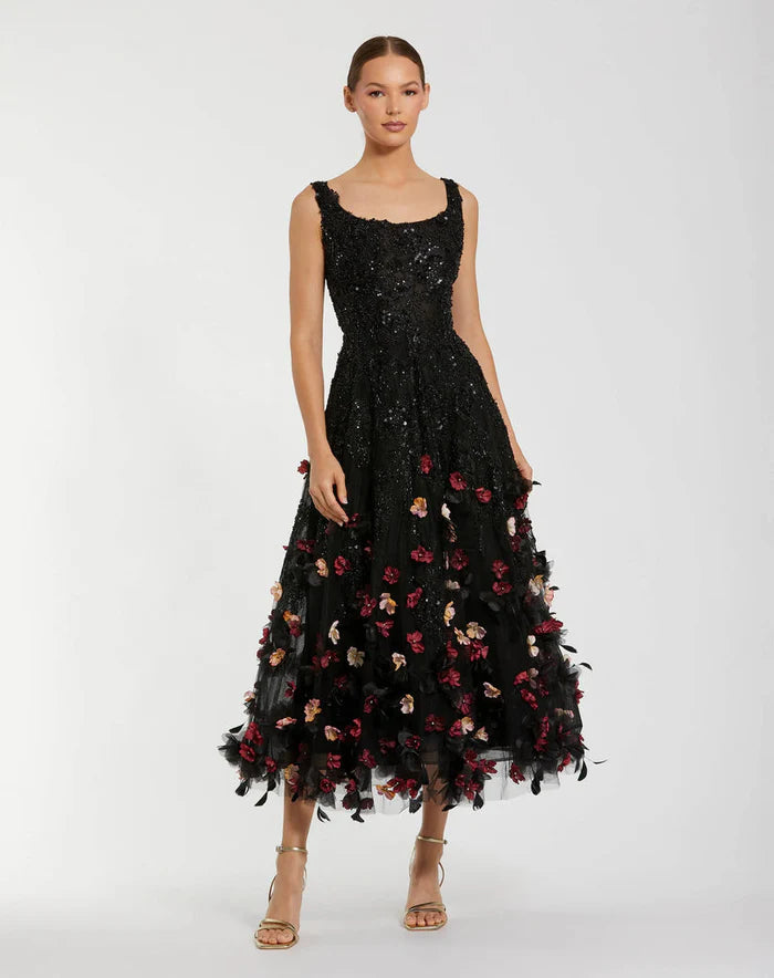 Floral Applique Scoop Tea-Length Dress