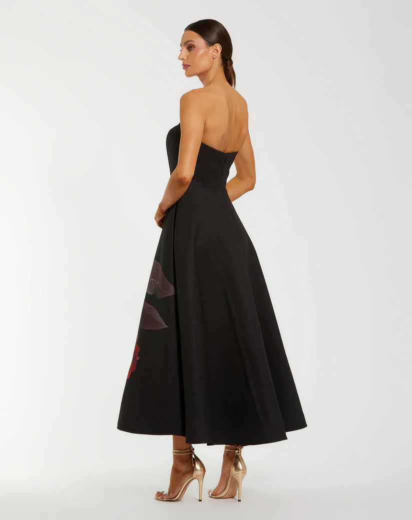 Black Crepe Printed Strapless Midi Dress With Pockets