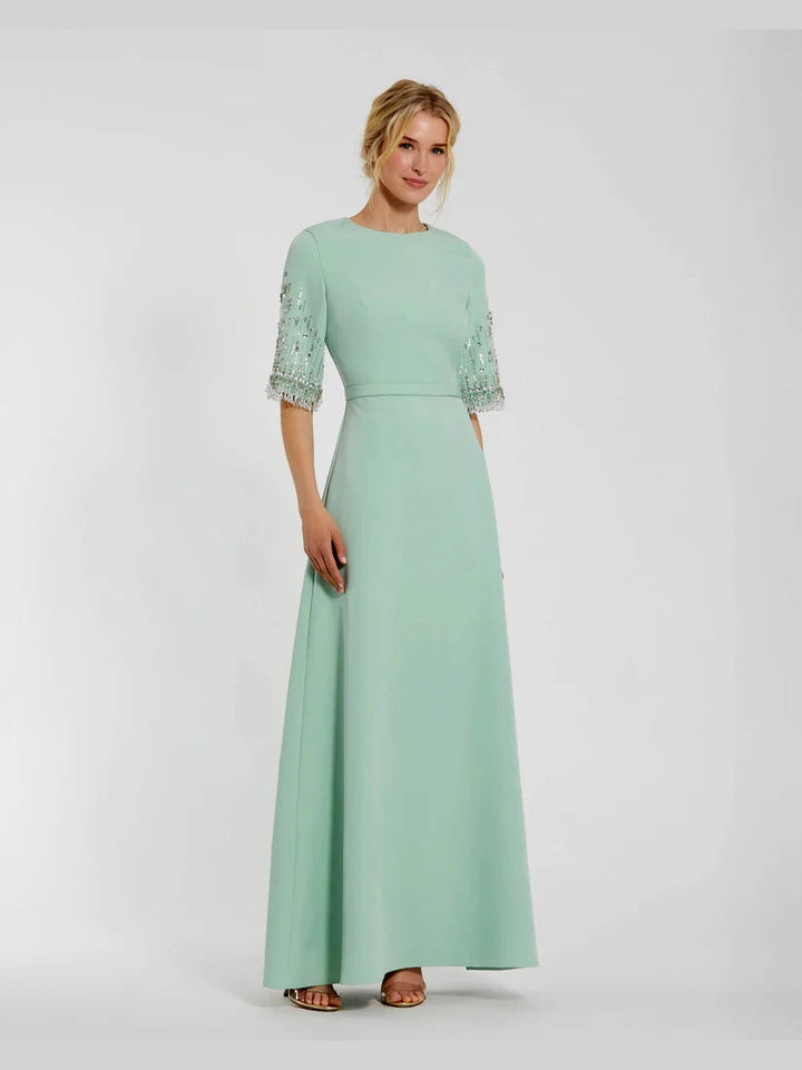 Crepe A Line Gown With Beaded 3/4 Sleeves