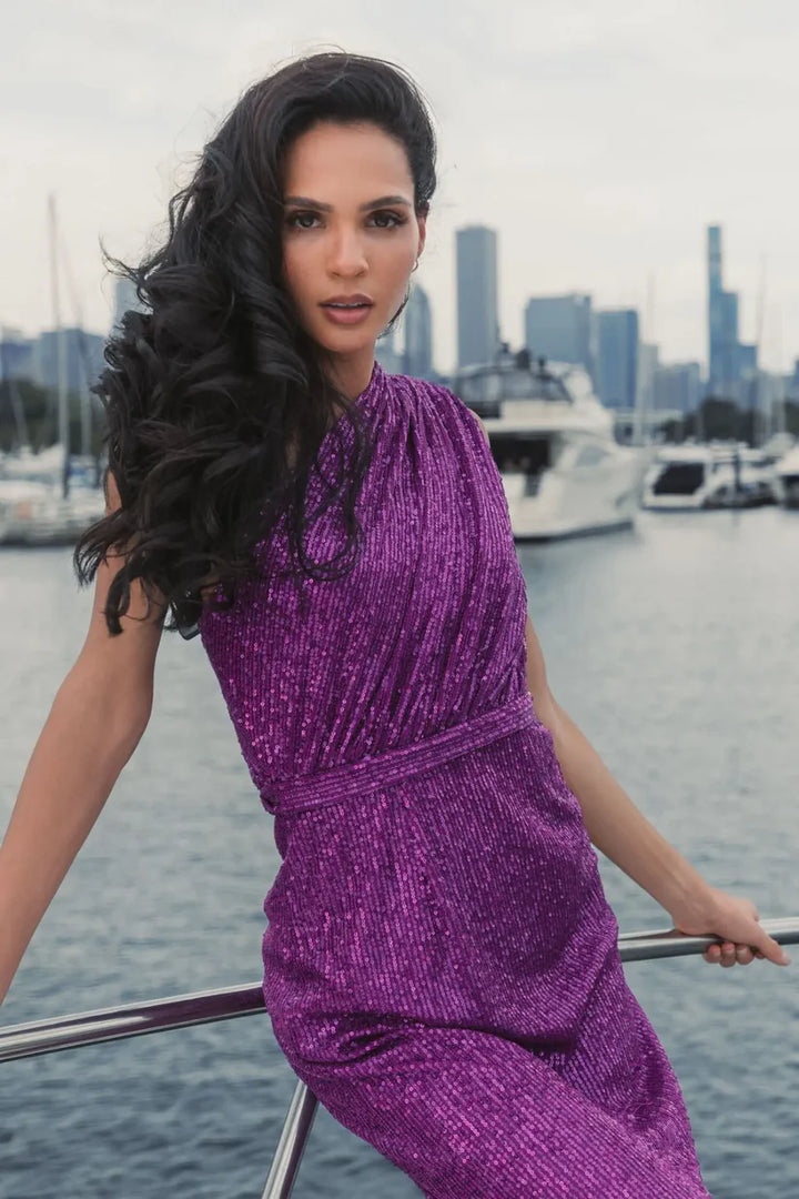 Dark Purple Sequined Ruched One Shoulder Gown