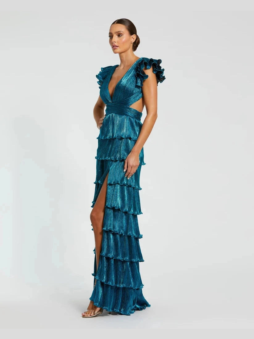 Ruffle Tiered Criss Cross Lace Up Gown