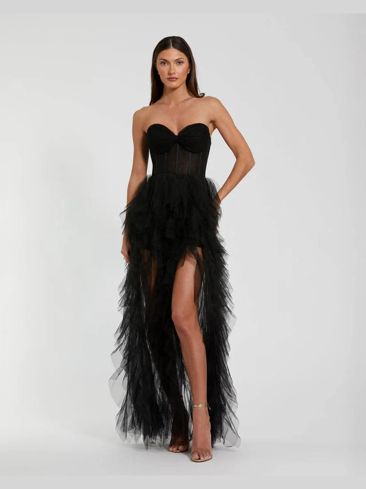 Strapless Bustier Net Gown With Spiral Ruffles