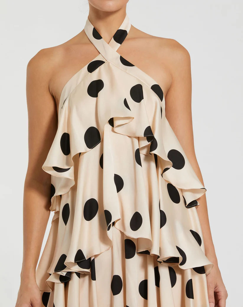 Beige Tiered Ruffle Polka Dot Charmeuse Dress