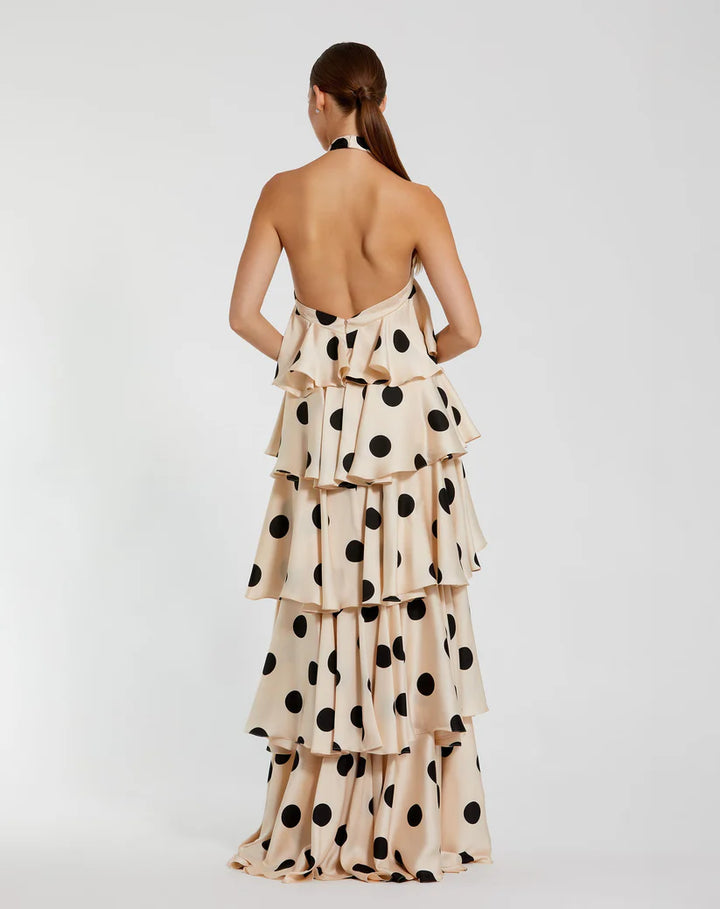 Beige Tiered Ruffle Polka Dot Charmeuse Dress