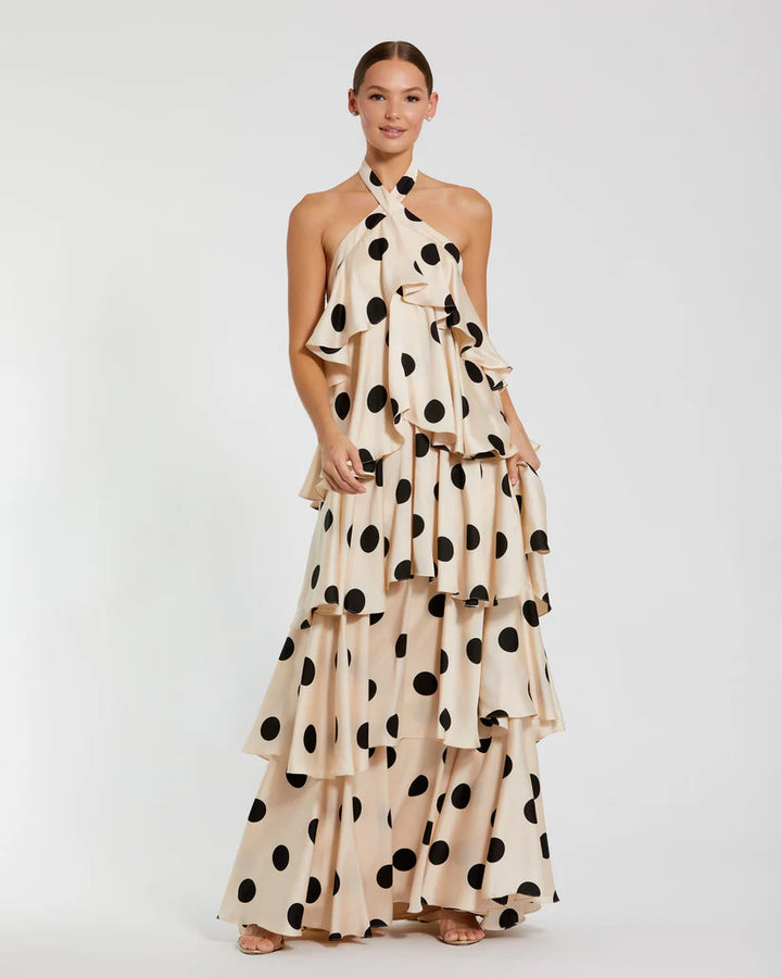 Beige Tiered Ruffle Polka Dot Charmeuse Dress