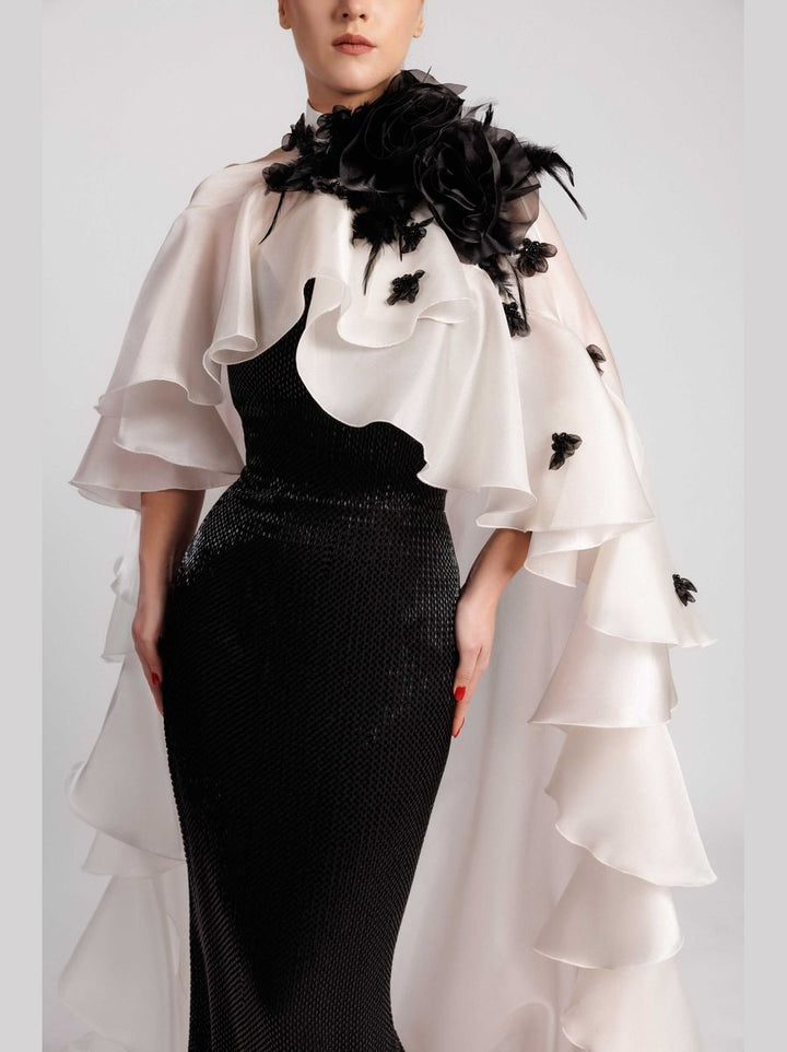 Embroidered Fitted Evening Dress with Cape