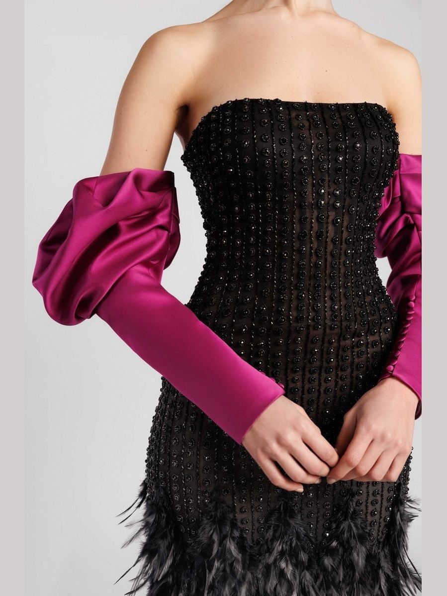 Strapless Evening Dress with Feather Skirt and Satin Puffy Sleeves
