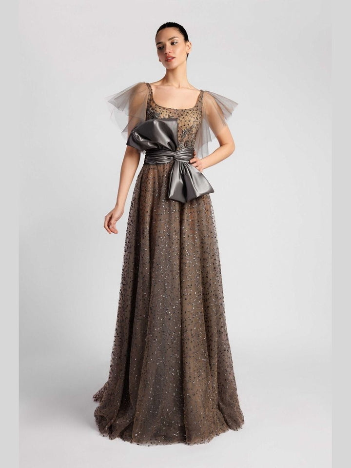 A-Line Evening Dress with Embroidered Bodice and Bow