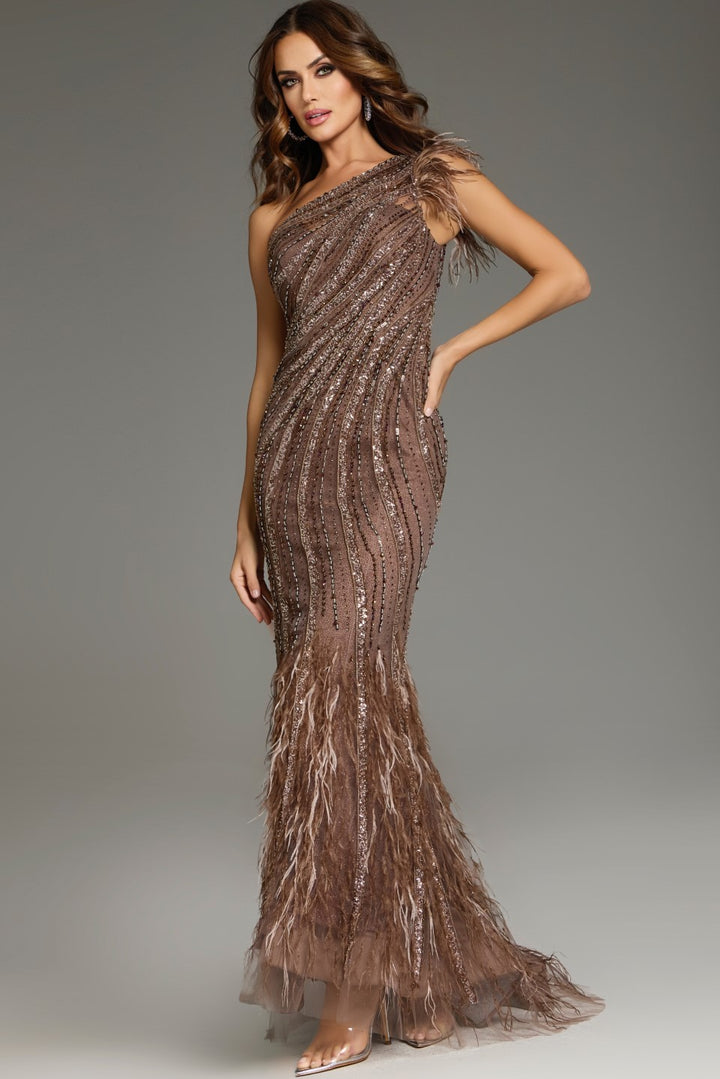 One-Shoulder Feathered Gown with Embellished Bodice