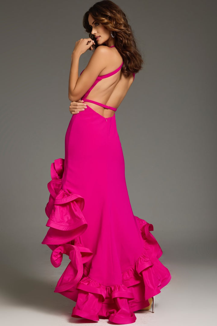 Halter High-Low Gown with Cascading Ruffle Hem