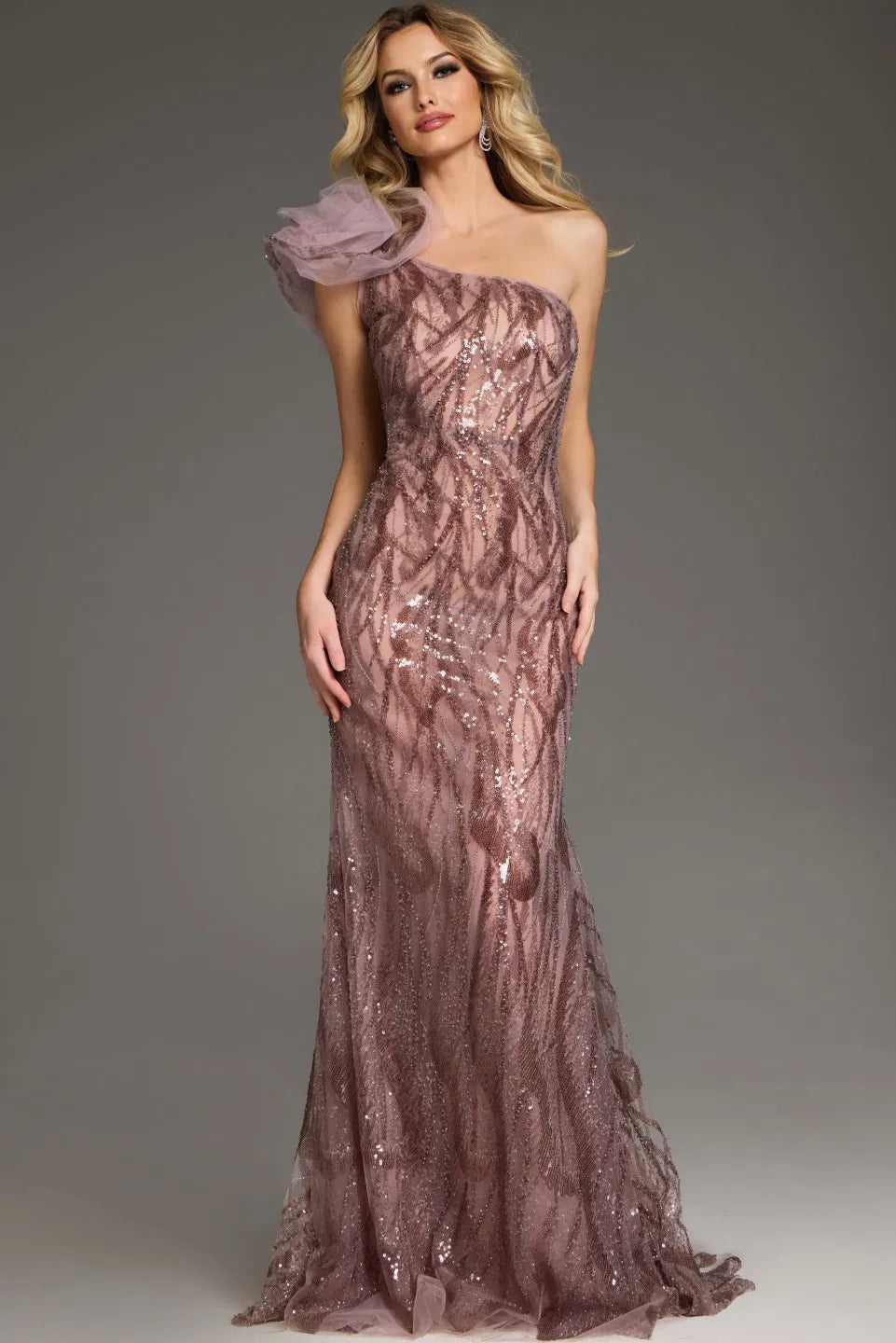 One-Shoulder Sequin Gown with Ruffled Tulle Accent