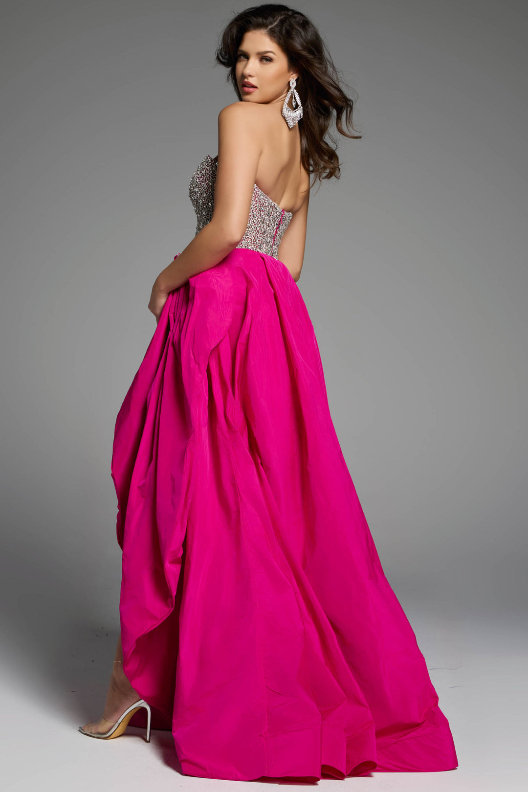 Strapless Crystal Embellished Gown With Bold Ruffle Skirt