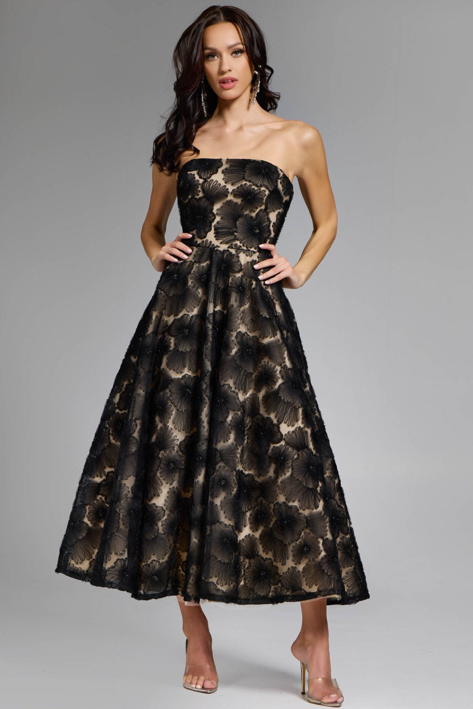 Strapless A-Line Gown with Floral Embroidery