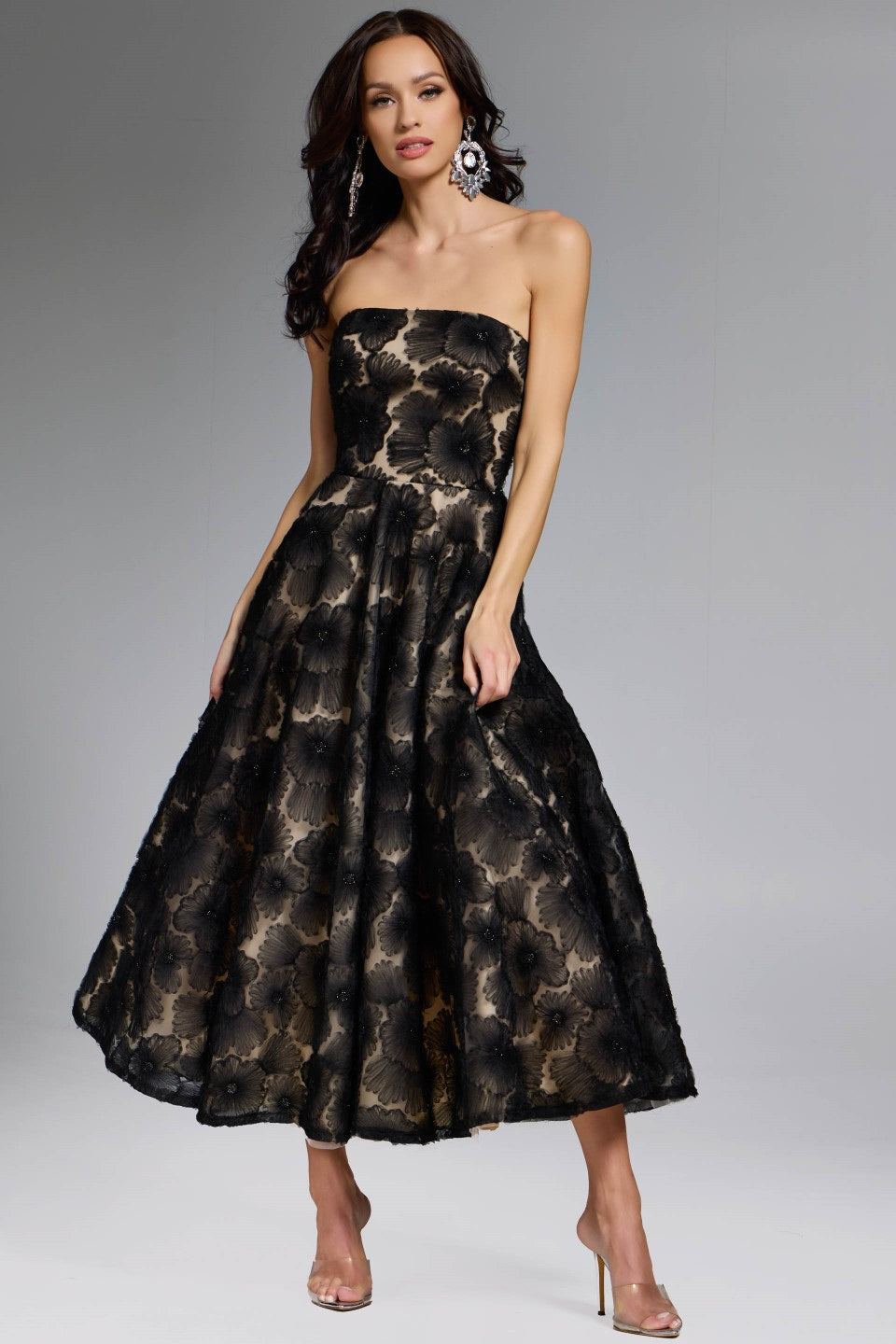 Strapless A-Line Gown with Floral Embroidery