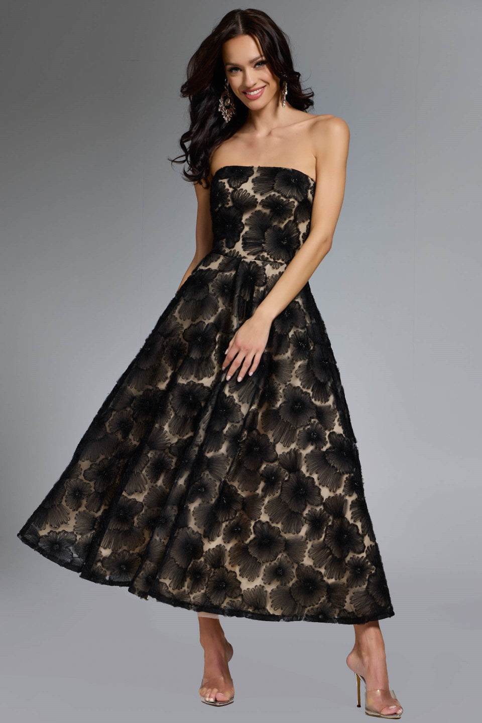 Strapless A-Line Gown with Floral Embroidery