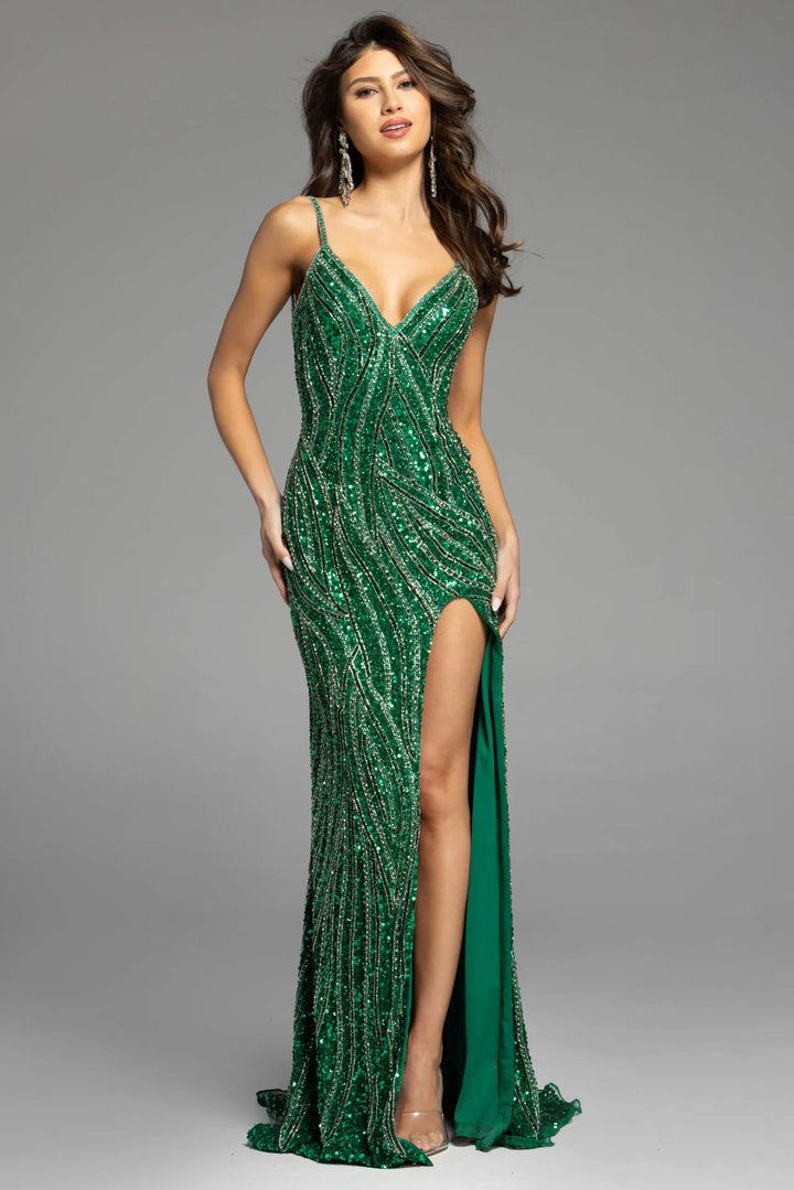 Beaded Gown With Spaghetti Straps And High Slit