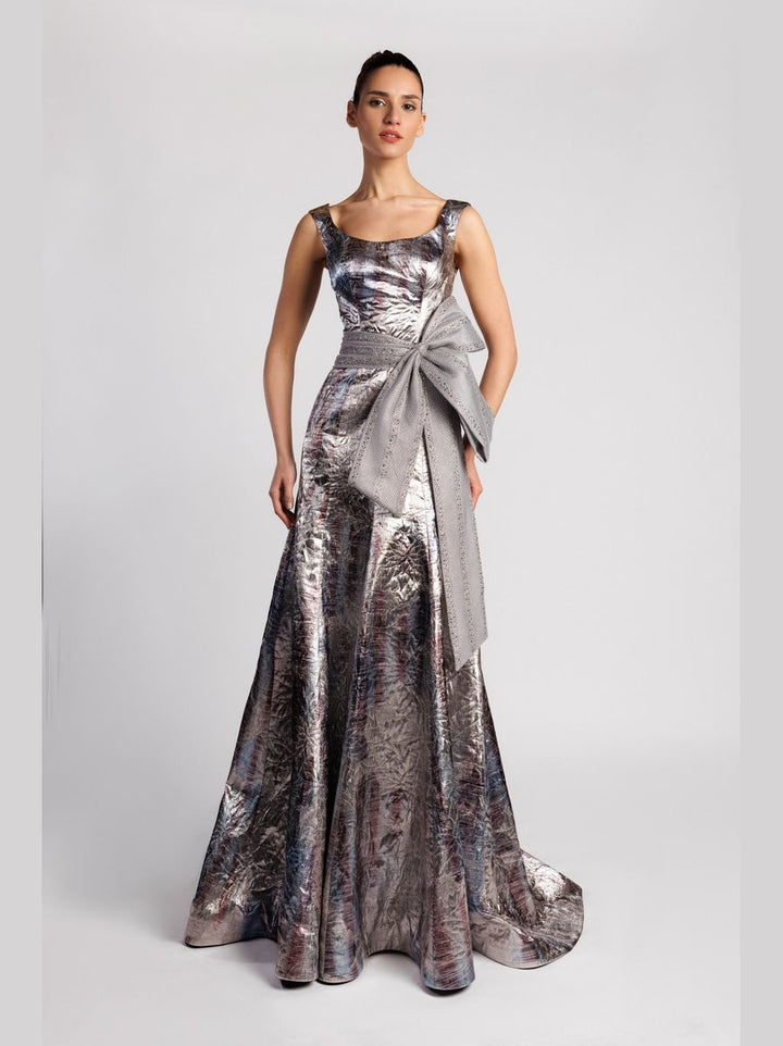 A-Line Evening Dress with Embroidered Waist and Bow