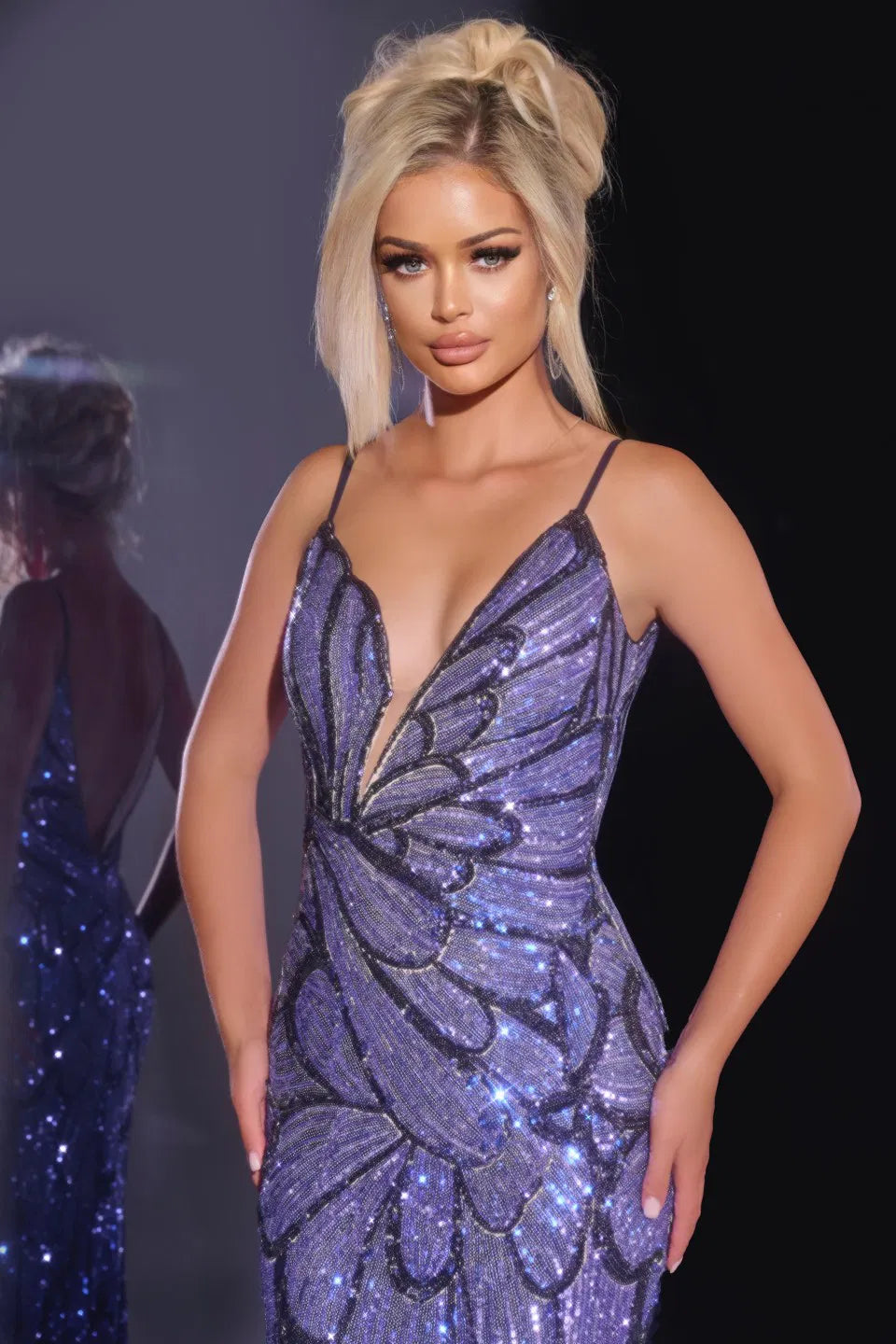 Sequin Plunging V-Neck Gown with Intricate Beading