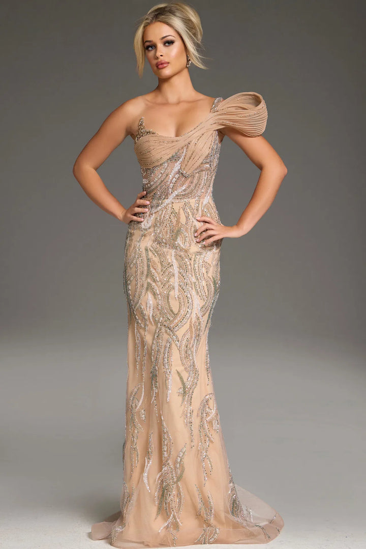 One Shoulder Embellished Gown With Dramatic Sculpted Detail