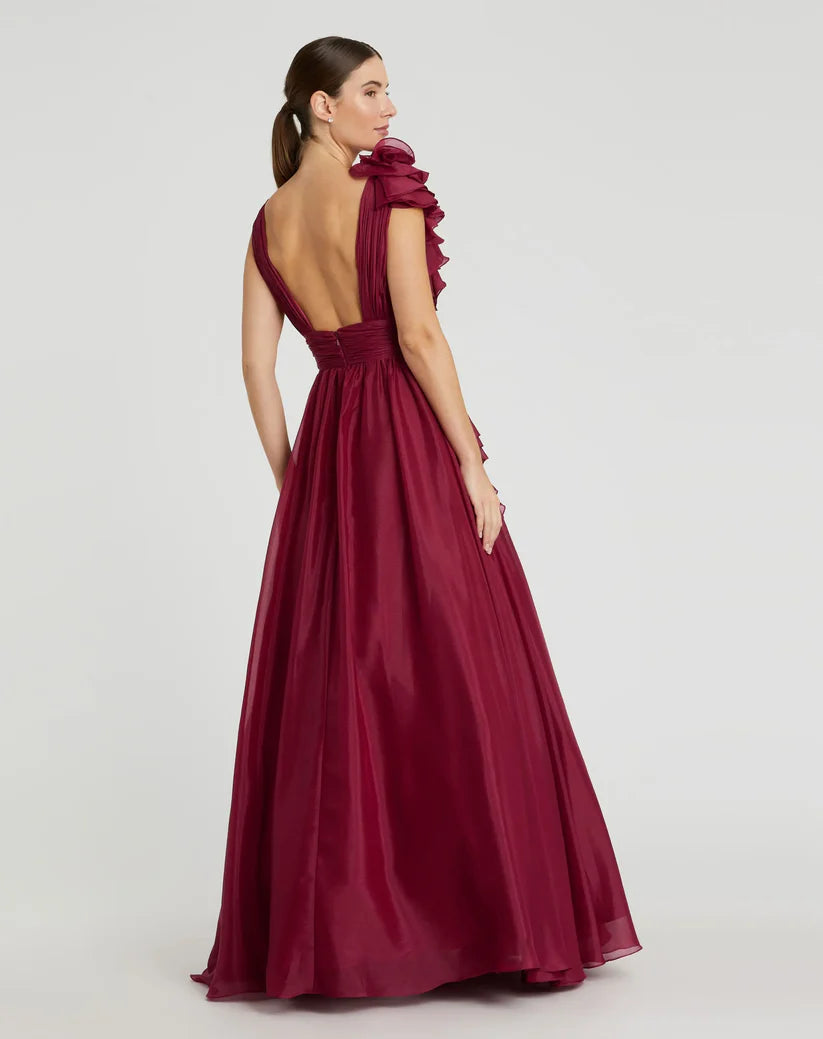 Burgundy Ruffle Shoulder V-Neck Chiffon Gown The Designer Atelier - By Varuna Jani Burgundy Ruffle Shoulder V-Neck Chiffon Gown The Designer Atelier - By Varuna Jani