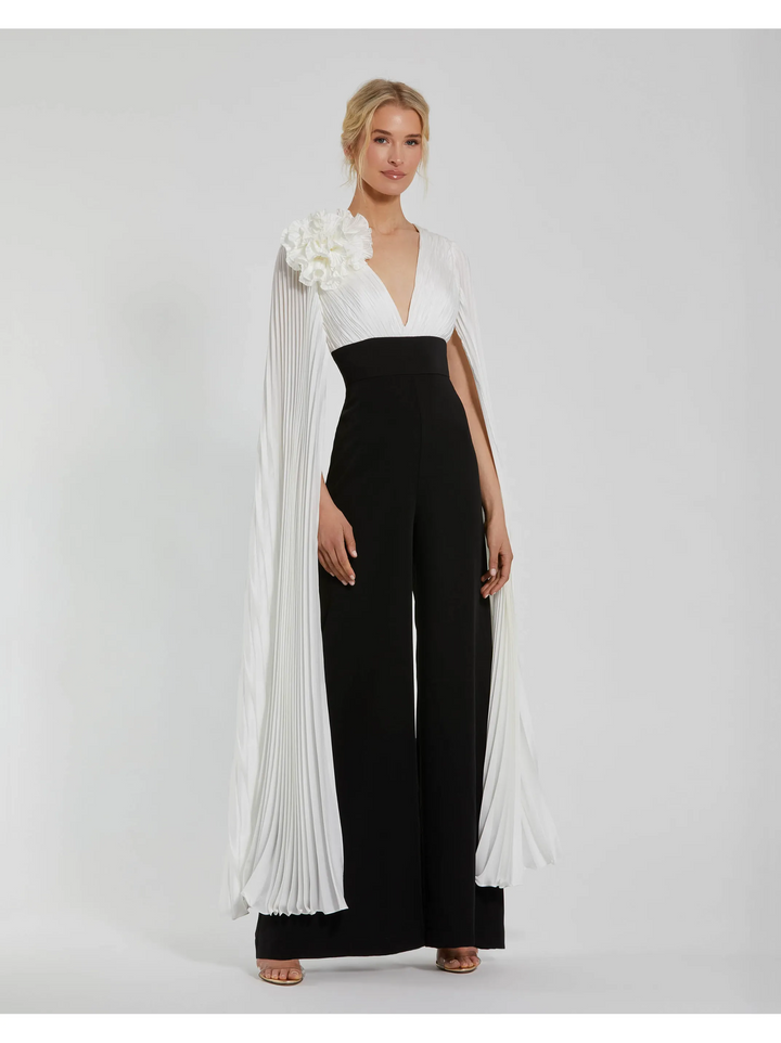 Pleated charmeuse and crepe wide leg jumpsuit