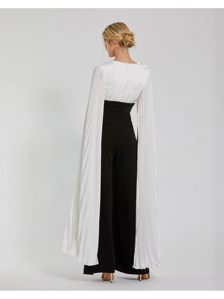 Pleated charmeuse and crepe wide leg jumpsuit