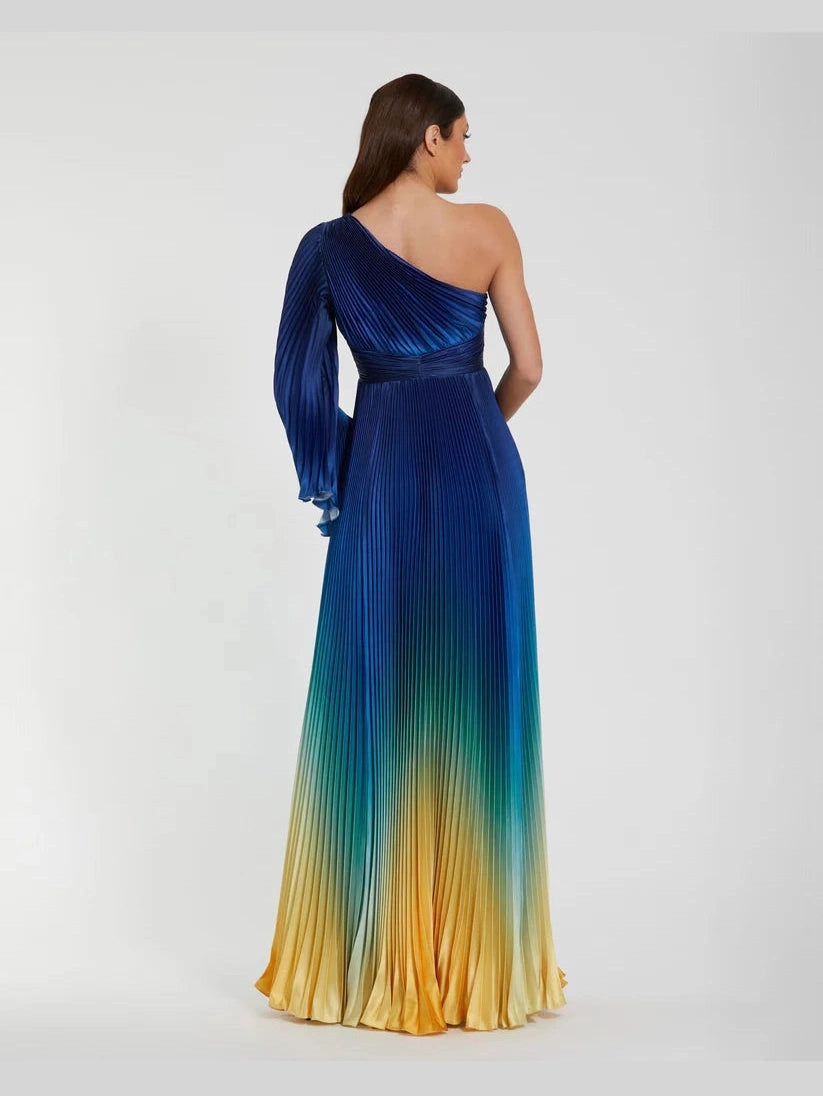 Blue Ombre Pleated Charmeuse One-Shoulder Dress