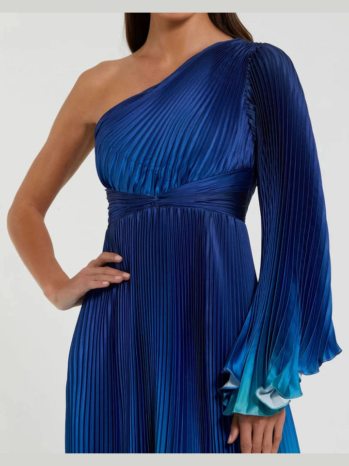 Blue Ombre Pleated Charmeuse One-Shoulder Dress