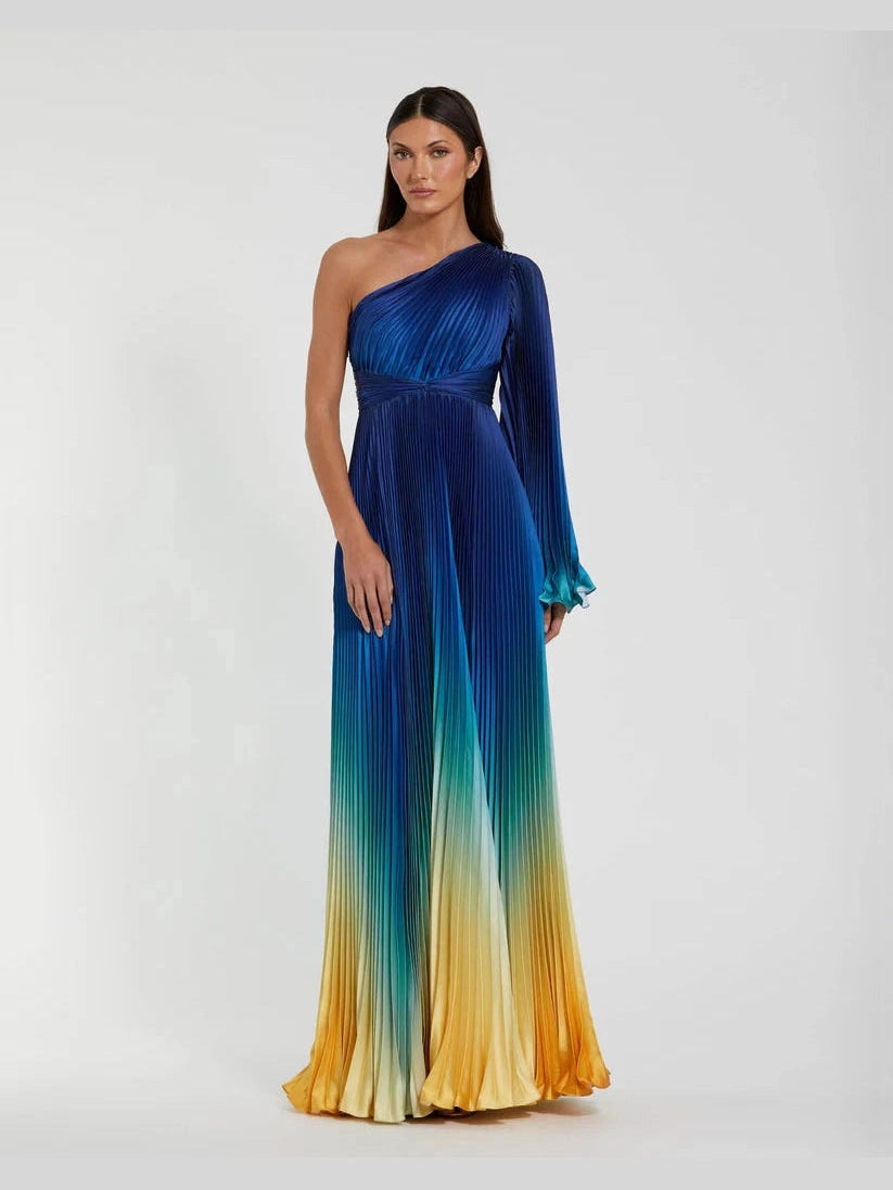 Blue Ombre Pleated Charmeuse One-Shoulder Dress