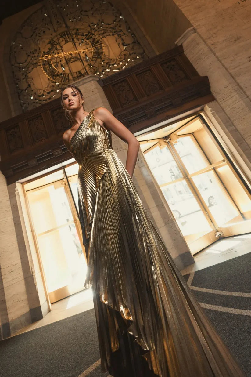 Pleated Metallic One Shoulder High Low Gown