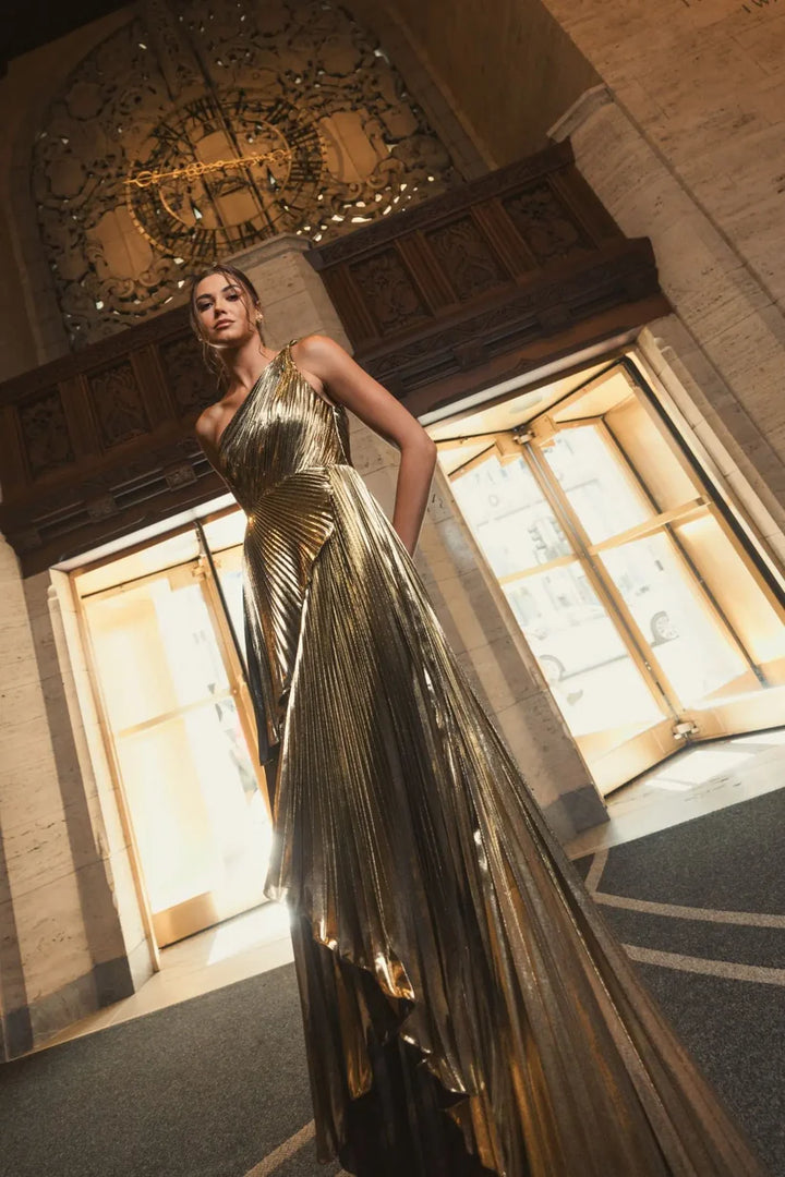 Pleated Metallic One Shoulder High Low Gown