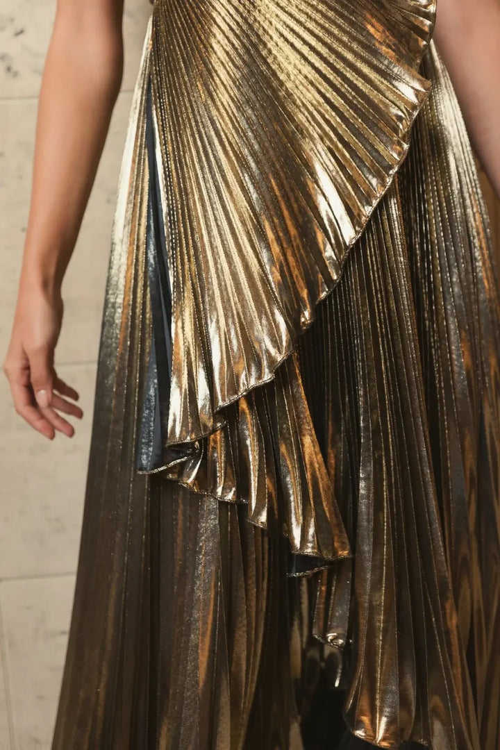 Pleated Metallic One Shoulder High Low Gown
