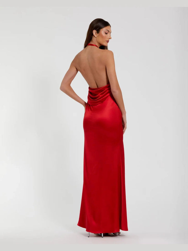 Fitted Satin Sleeveless V Neck Gown With 3D Flower