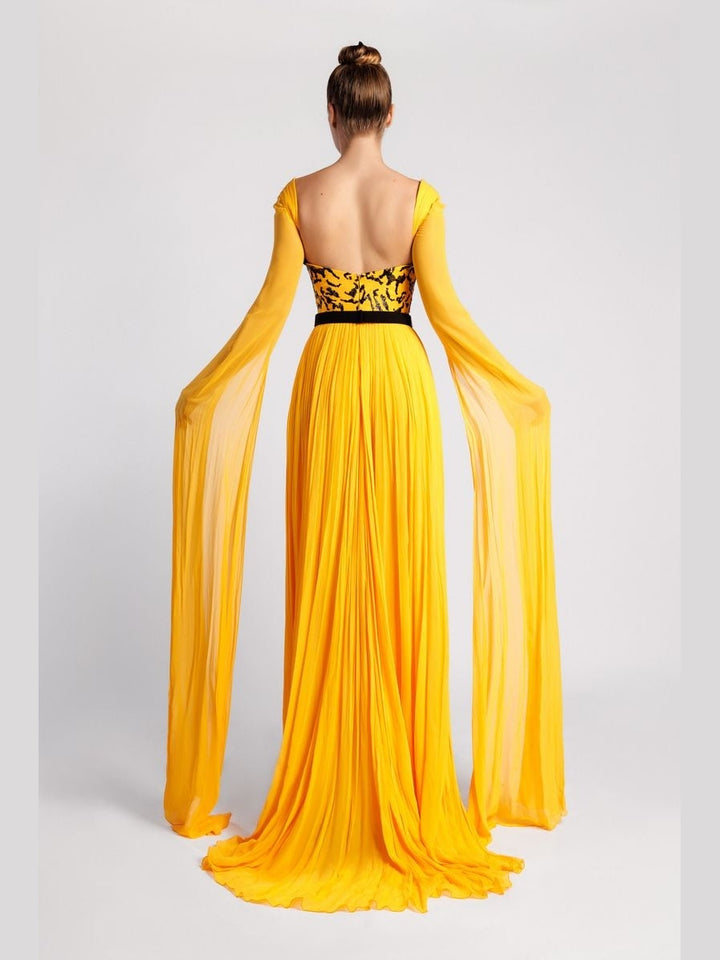 A-Line Evening Dress with Beaded Bodice and Cape Sleeves