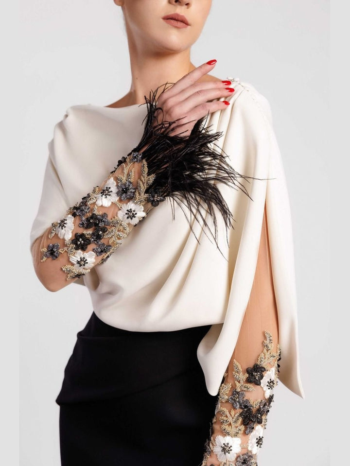 Mermaid Evening Dress with Draped Cape Bodice, Sheer Sleeves and Feathered Cuffs