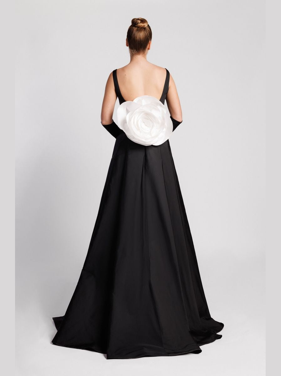 Pearl-Embroidered Column Evening Dress with Overskirt and Gloves