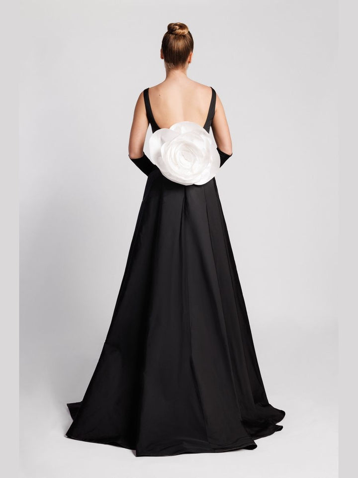 Pearl-Embroidered Column Evening Dress with Overskirt and Gloves
