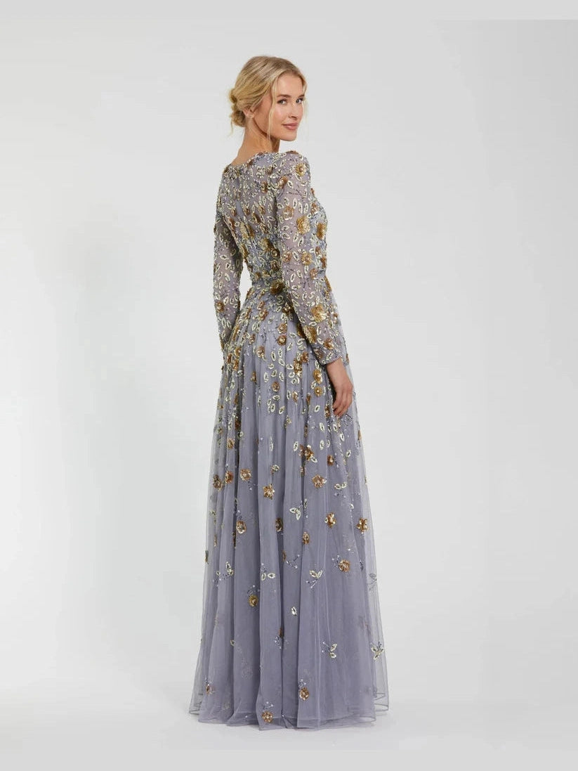 Embellished High Neck Long Sleeve A Line Gown