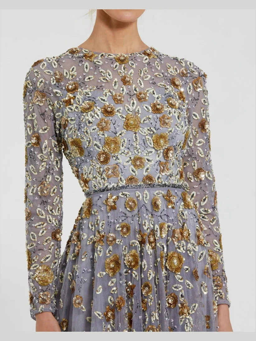 Embellished High Neck Long Sleeve A Line Gown