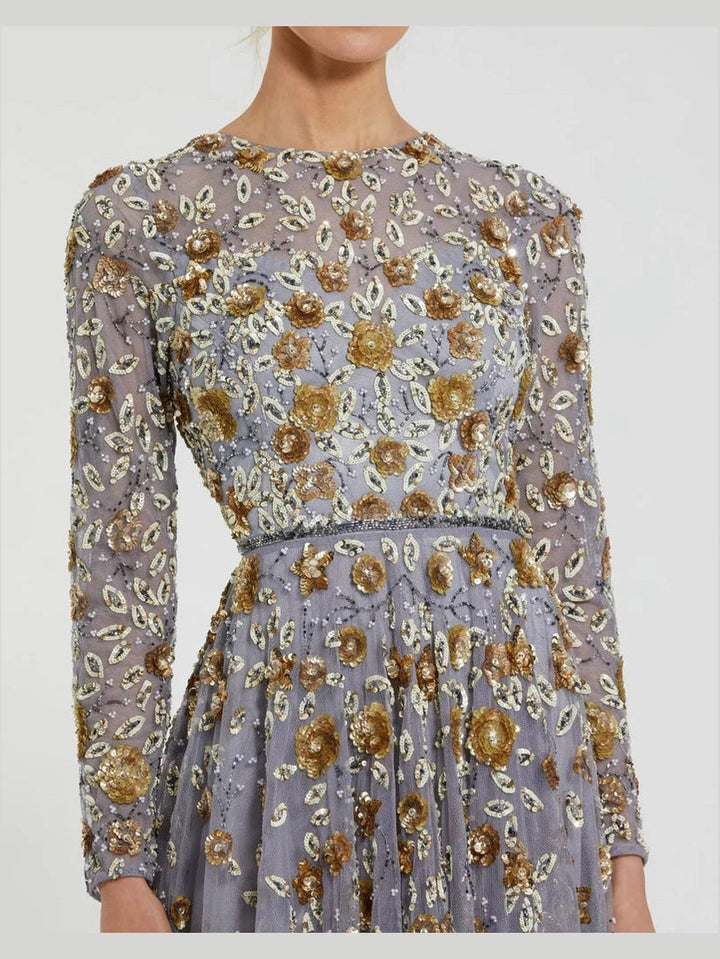 Embellished High Neck Long Sleeve A Line Gown
