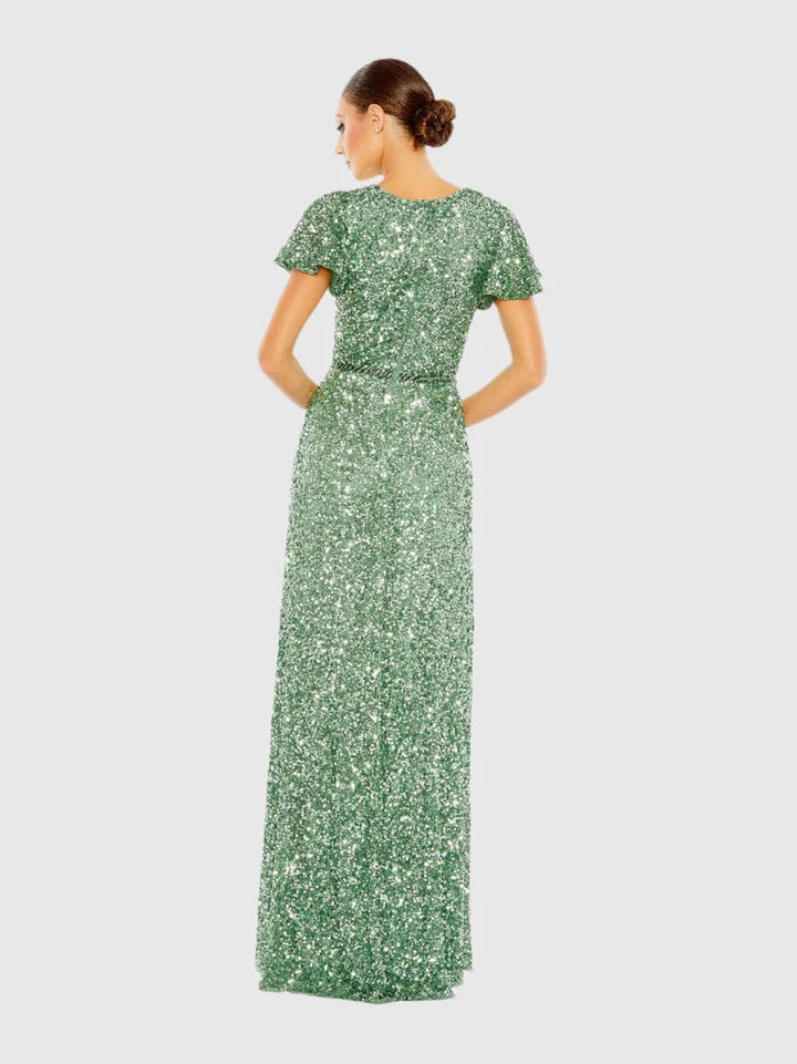 Sequined Wrap Over Butterfly Sleeve Draped Gown