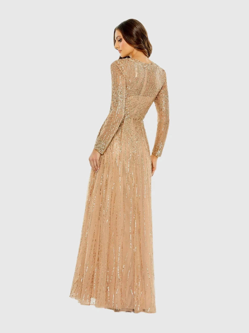 Sequined Illusion High Neck Long Sleeve Gown