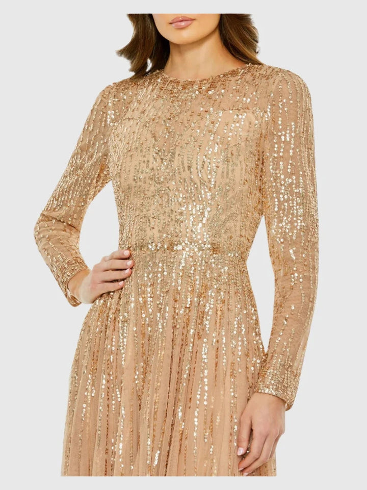 Sequined Illusion High Neck Long Sleeve Gown