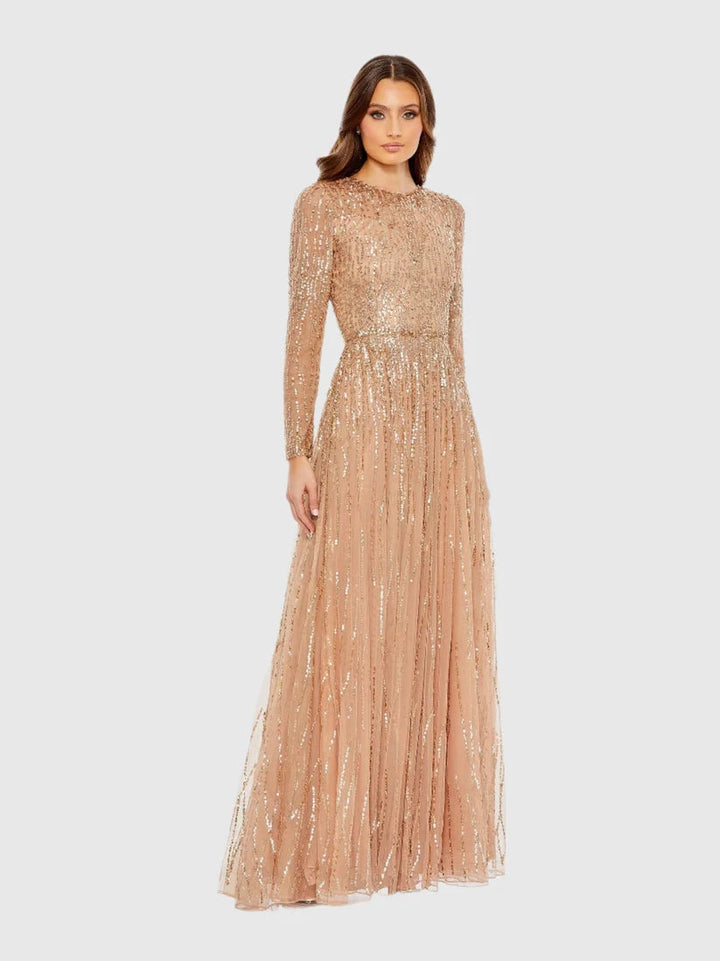 Sequined Illusion High Neck Long Sleeve Gown